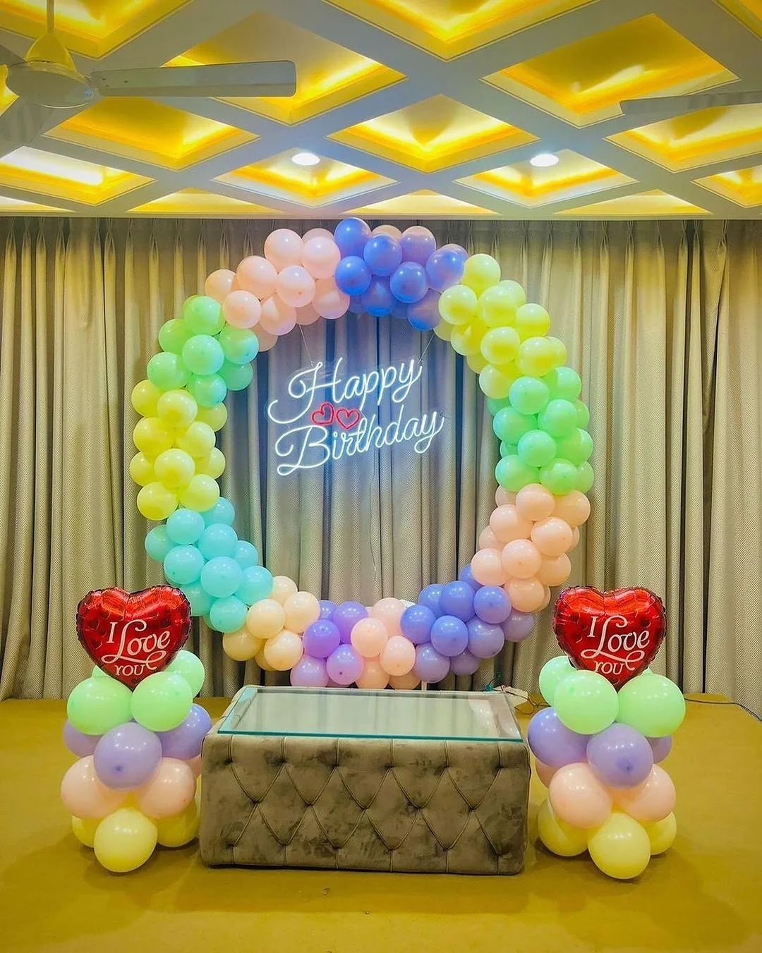 Finished pastel balloon arch for a birthday celebration